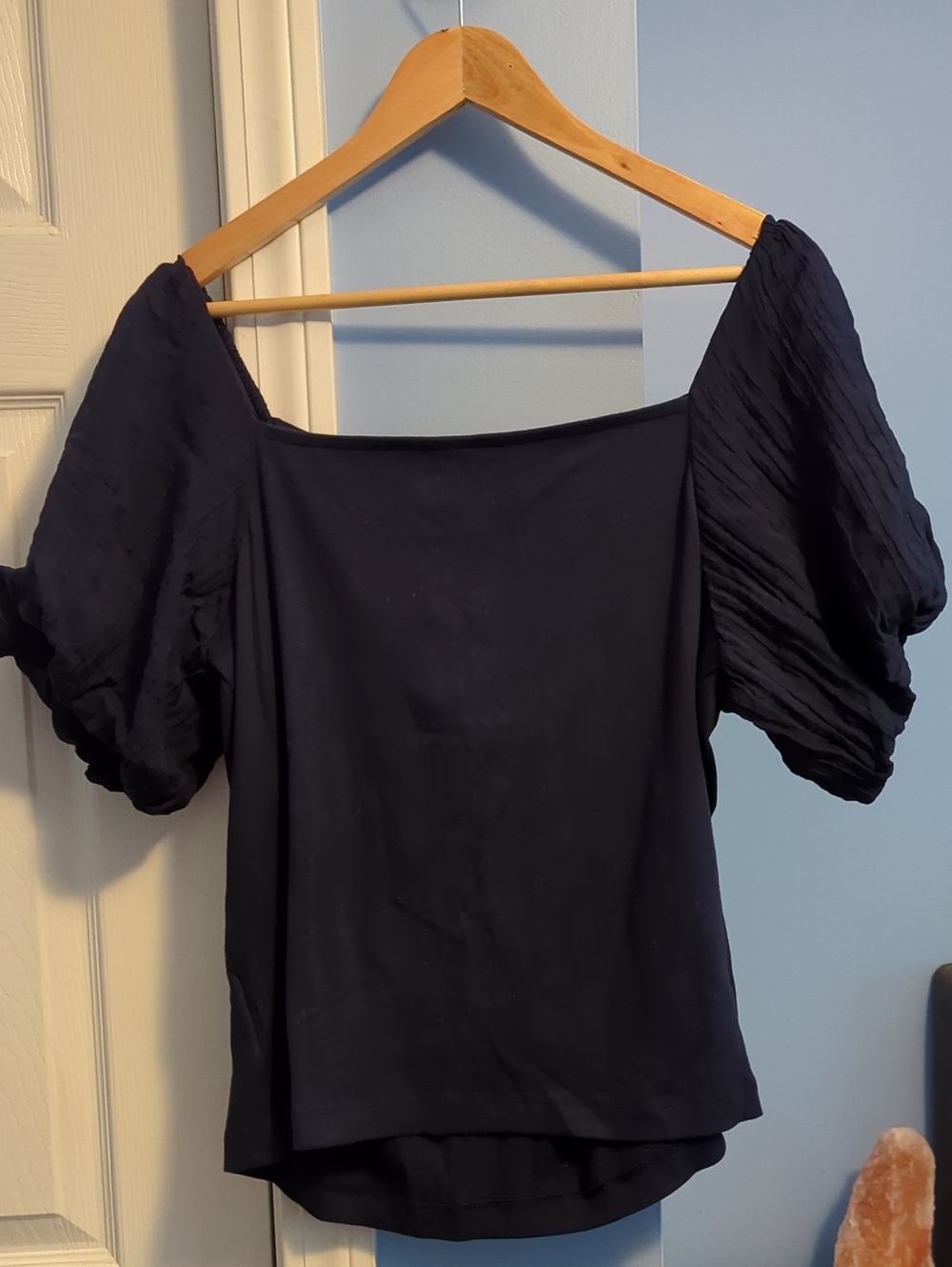 LOFT Dark Navy Puff-Sleeve Square Neck Top With Bow Detail